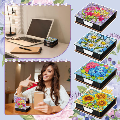 Saillong 4 Pcs Flower Theme Diamond Art Note Box Kit Sunflower Daisy Diamond Painting Memo Box Hydrangea Paper Holders with 160 Sticky Notes for DIY Office Supplies Gifts