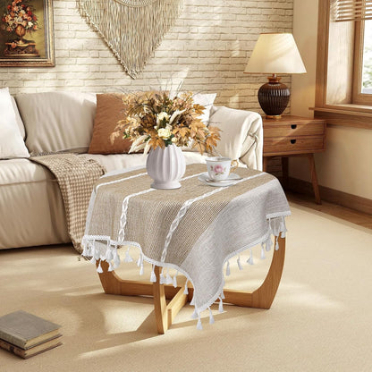 24 24 inch, Summer Boho Small Tablecltoh Square x Spring Cotton Linen Bedside Table Cloth with Tassel, Brown Nightstand