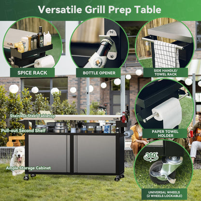 Stanbroil Rolling Outdoor Kitchen Island, BBQ Grill Cart with Stainless Steel Table Top, Double-Door Storage Cabinet & Pull-Out Shelf, Grill Table Cart for Outdoor Indoor, Large