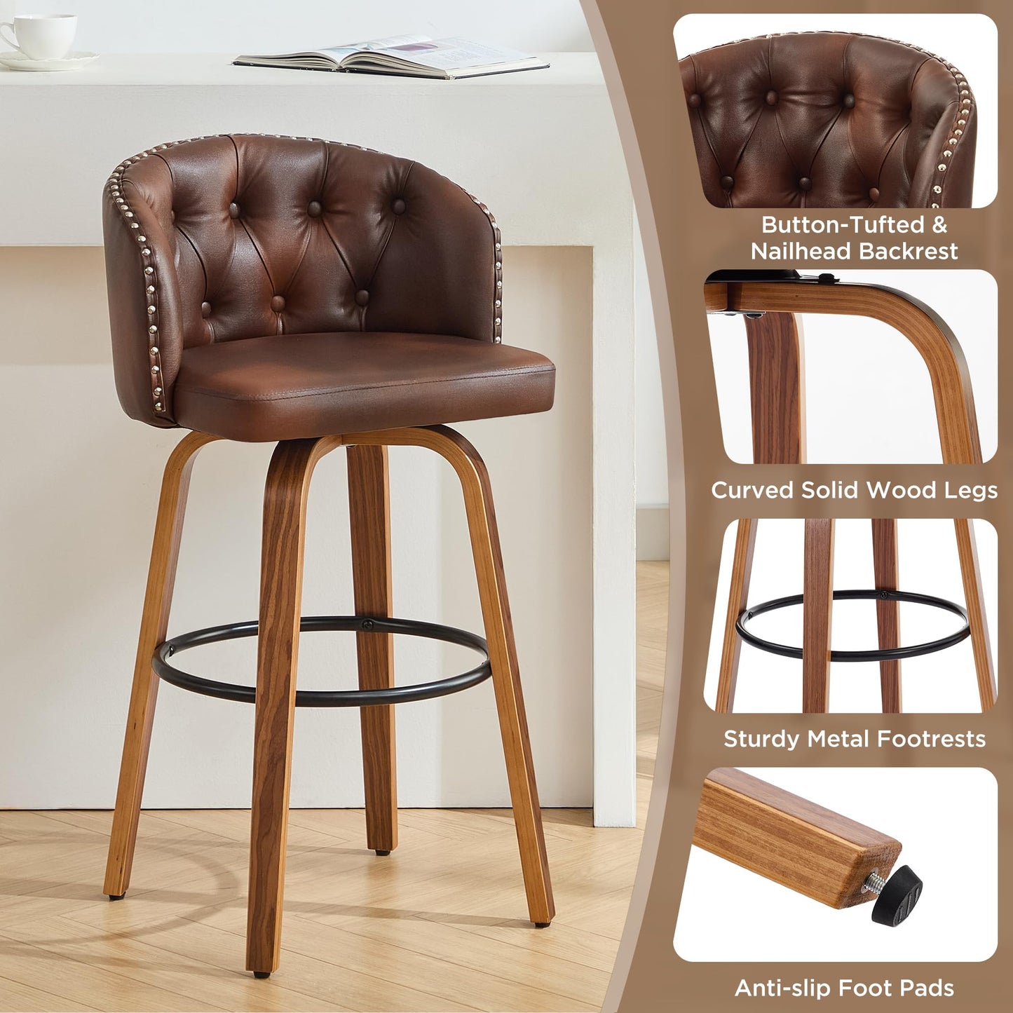 Dorlicecass 26" H Counter Height Bar Stools Set of 4，360°Swivel Bar Stools with Back,Seat Height Upholstered Counter Stools with Wood Legs and Footrest，Leather Farmhouse（Brown）