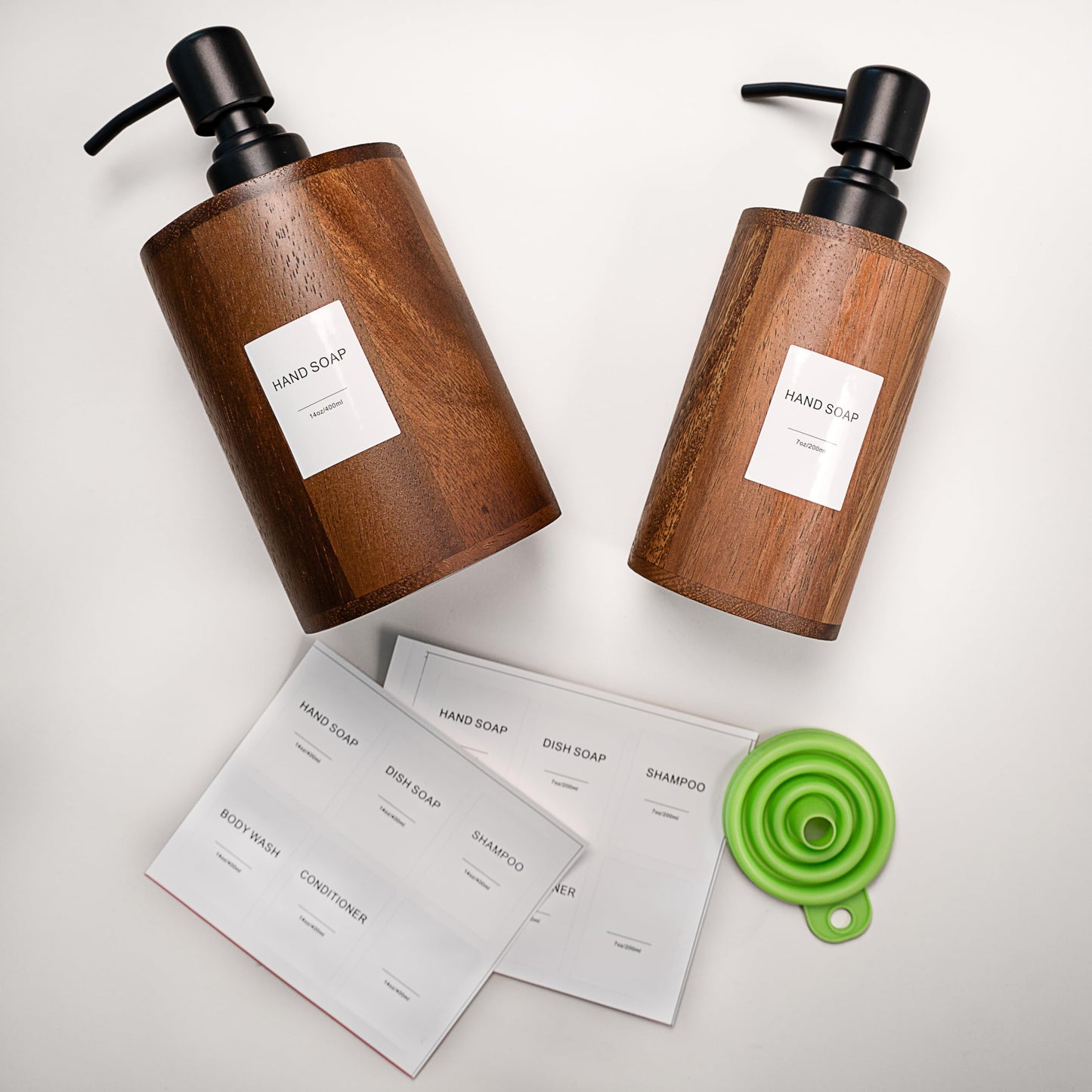 MIGAKU HOME Walnut Wood Soap Dispenser with Pump, Funnel & Label, Refillable Hand Soap Dispenser for Bathroom & Kitchen, Cylinder Design, Rustic Countertop Decor(7oz/200ml)