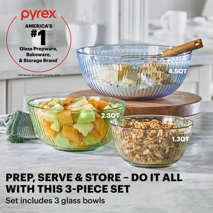 Pyrex Colors Tinted 3-PC, Unlidded Small/Medium/Large Glass Mixing Bowls, Nesting Space Saving Set of Bowls For Prepping and Baking, 1.3QT, 2.3QT & 4.5QT