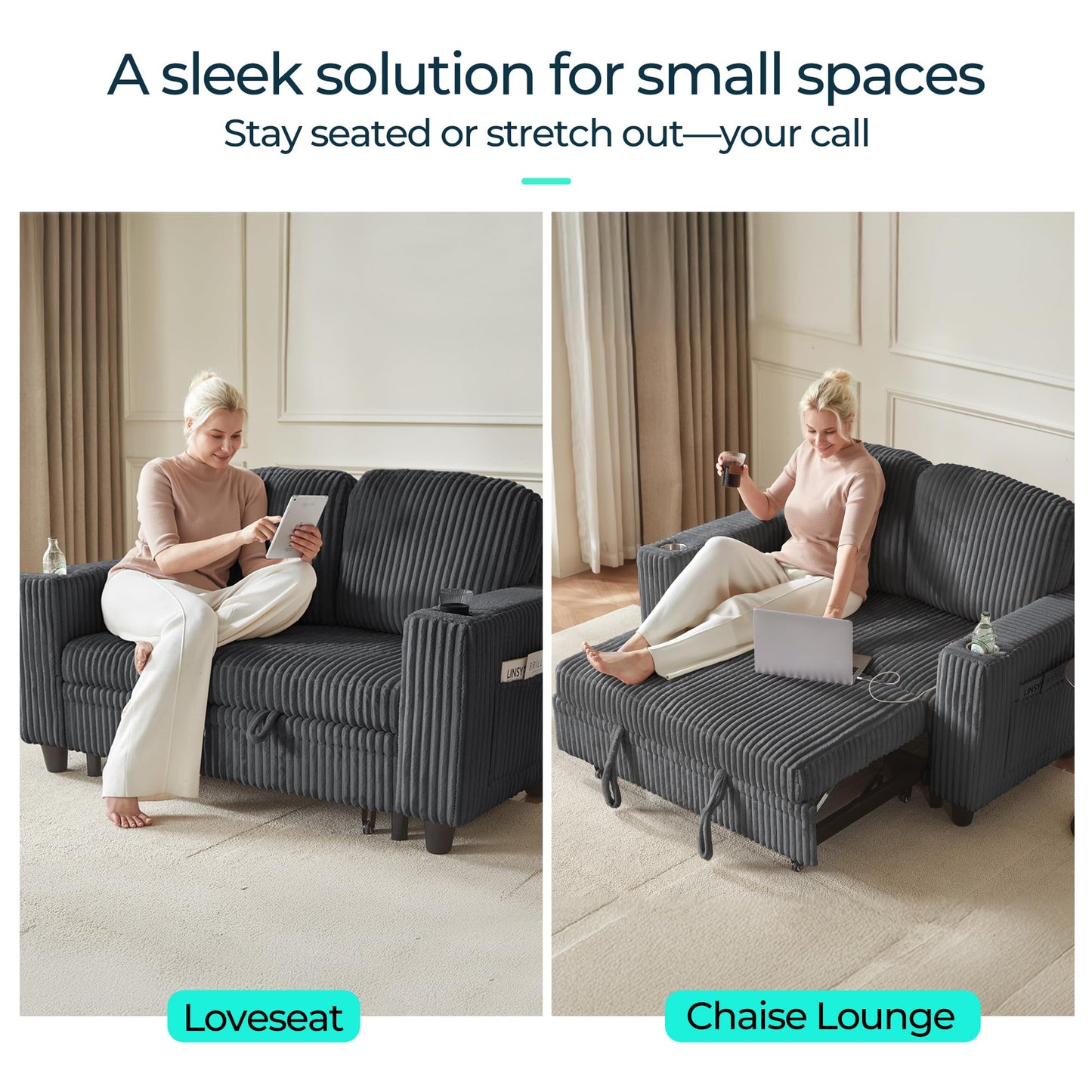 LINSY HOME Sectional Sleeper Sofa Pull Out Couches for Living Room (Grey, Pull Out Couch) | Pull Out Sofa Bed, Storage, USB Charging, Cup Holders, Plush Corduroy