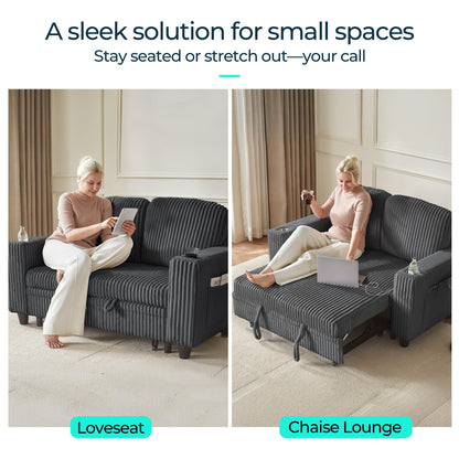 LINSY HOME Sectional Sleeper Sofa Pull Out Couches for Living Room (Grey, Pull Out Couch) | Pull Out Sofa Bed, Storage, USB Charging, Cup Holders, Plush Corduroy