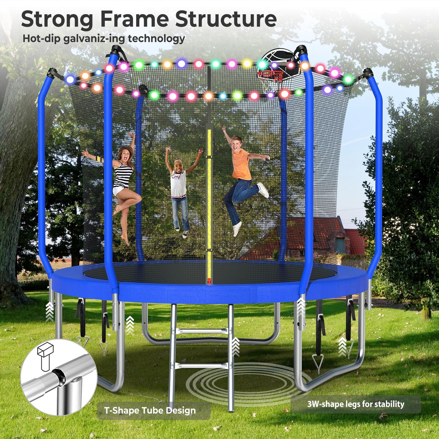 Lyromix Upgraded 8FT Trampoline for Kids and Adults, Large Outdoor Trampoline with Basketball,Stakes, Light, Sprinkler,Basketball Hoop and Net, Capacity for 3-5 Kids and Adults, Royal Blue