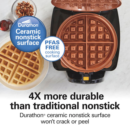 Hamilton Beach Belgian Waffle Maker with Removable PFAS-Free Durathon Nonstick Coated Plates, Easy Flip, Ceramic Grids, Black (26031)