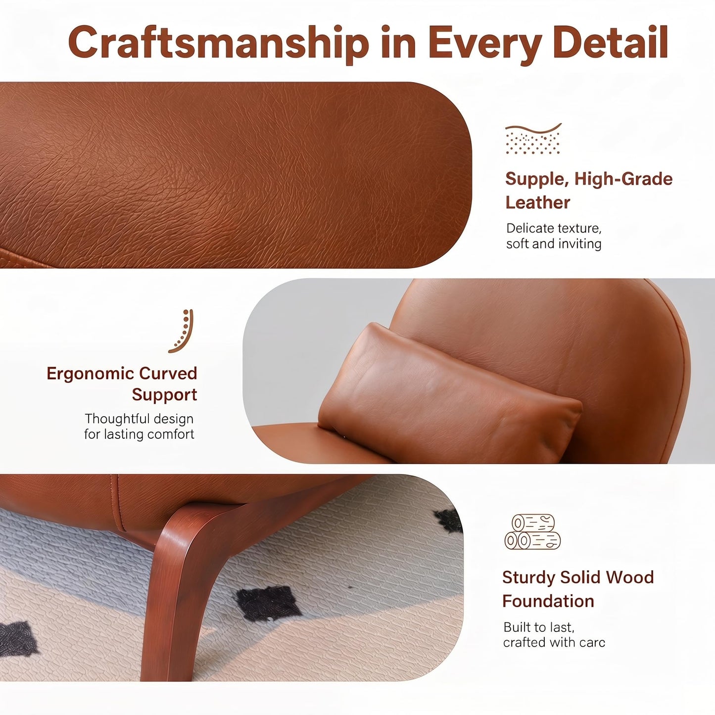 Trygoal Mid Century Modern Leather Armless Accent Chair, MCM Curved Back Lounge Chairs with Tilted Solid Wood Legs & Thick Lumbar Pillow, Single Cloud Sofa for Living Room Reading Nook (Brown)