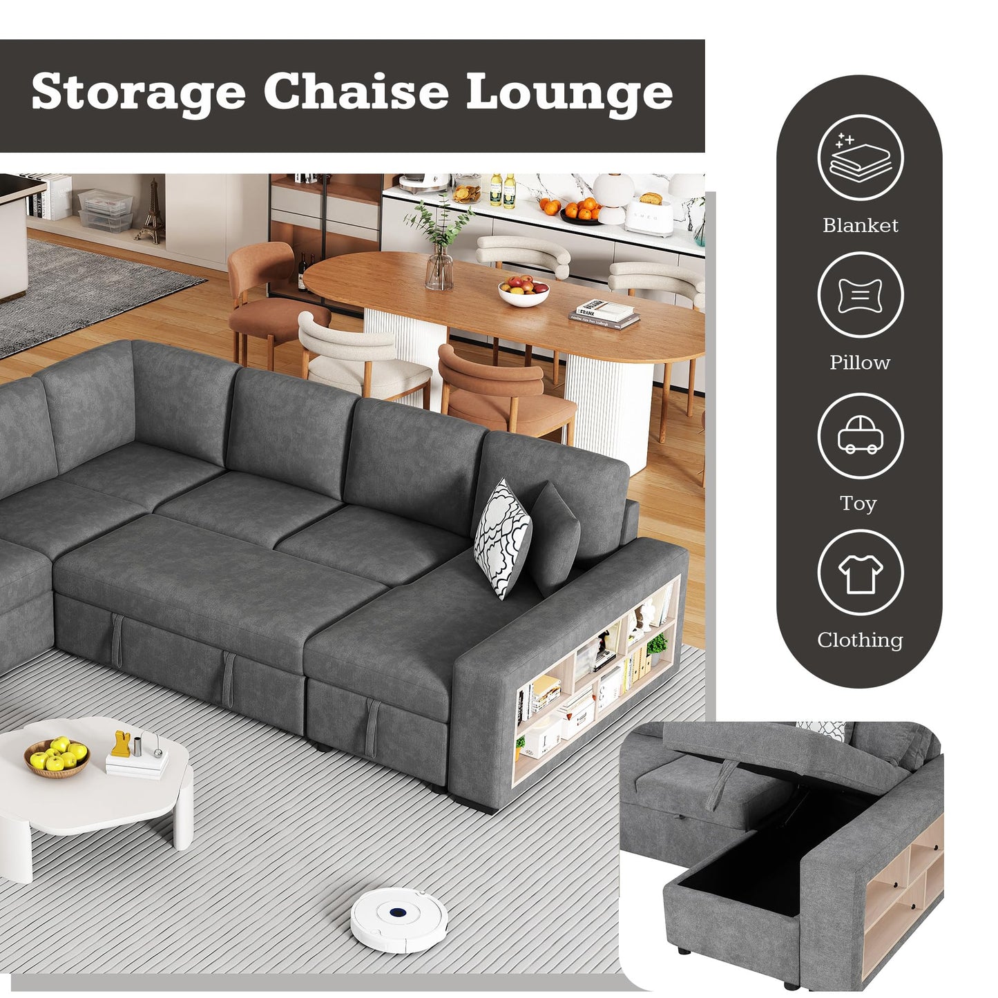 109-Inch U-Shaped Sleeper Sectional Sofa with Pull Out Sleeper Couch Bed for Living Room, Chenille Upholstered U-Shaped Corner Sleeping Sofabed W/Storage Chaise, USB Ports