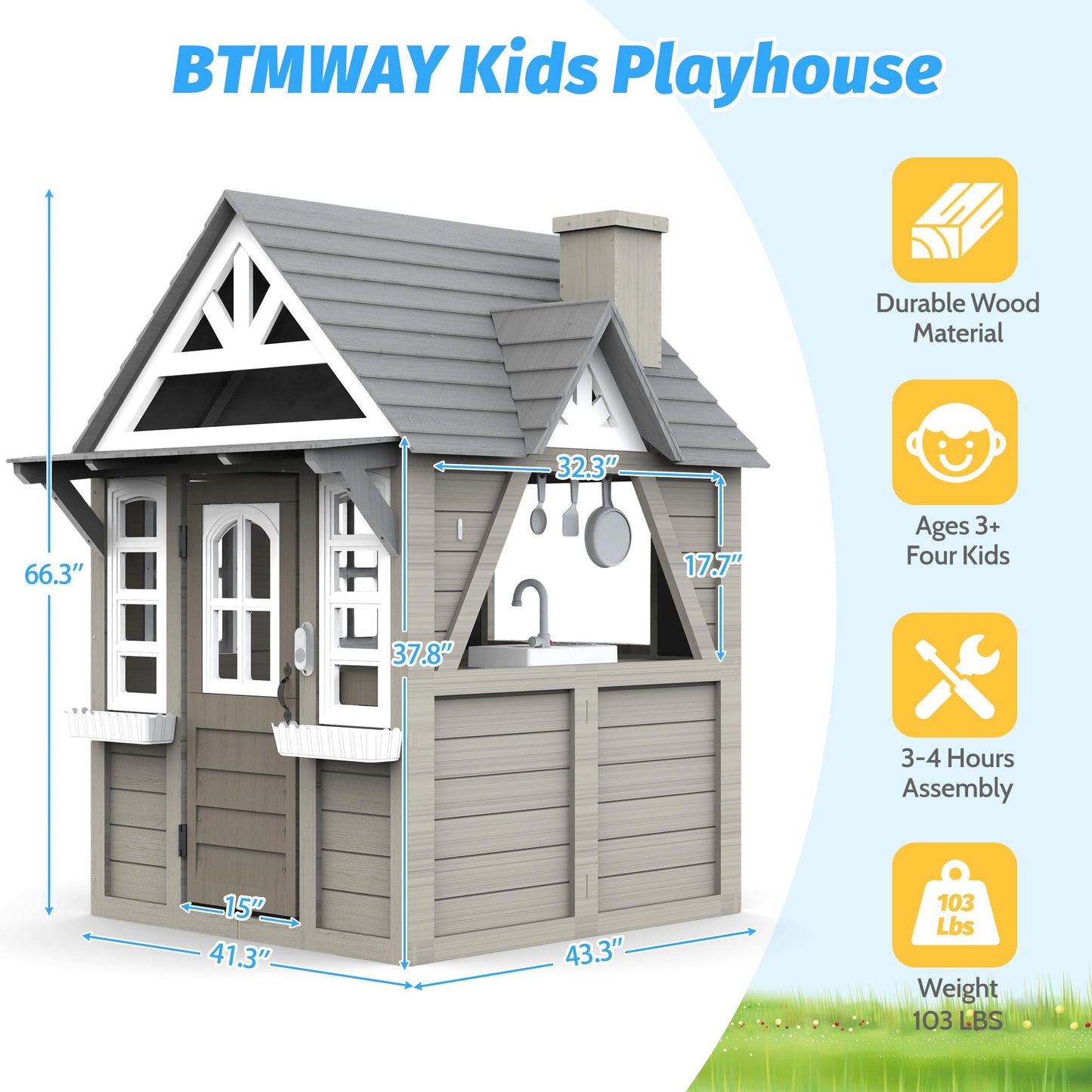 BTMWAY Kids Outdoor Playhouse,Cedar Gray Wooden Play House for Kids Ages 3-8, with Play Kitchen, Interactive Doorbell, Toy Phone, Sink, Flowerpot
