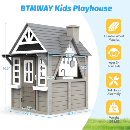 BTMWAY Kids Outdoor Playhouse,Cedar Gray Wooden Play House for Kids Ages 3-8, with Play Kitchen, Interactive Doorbell, Toy Phone, Sink, Flowerpot