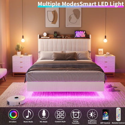 Garvee King Size Floating Bed Frame with LED Lights and Storage Headboard, King Upholstered Metal Platform Bed with Charging Station, Linen Fabric, No Box Spring Needed, Easy Assembly, White
