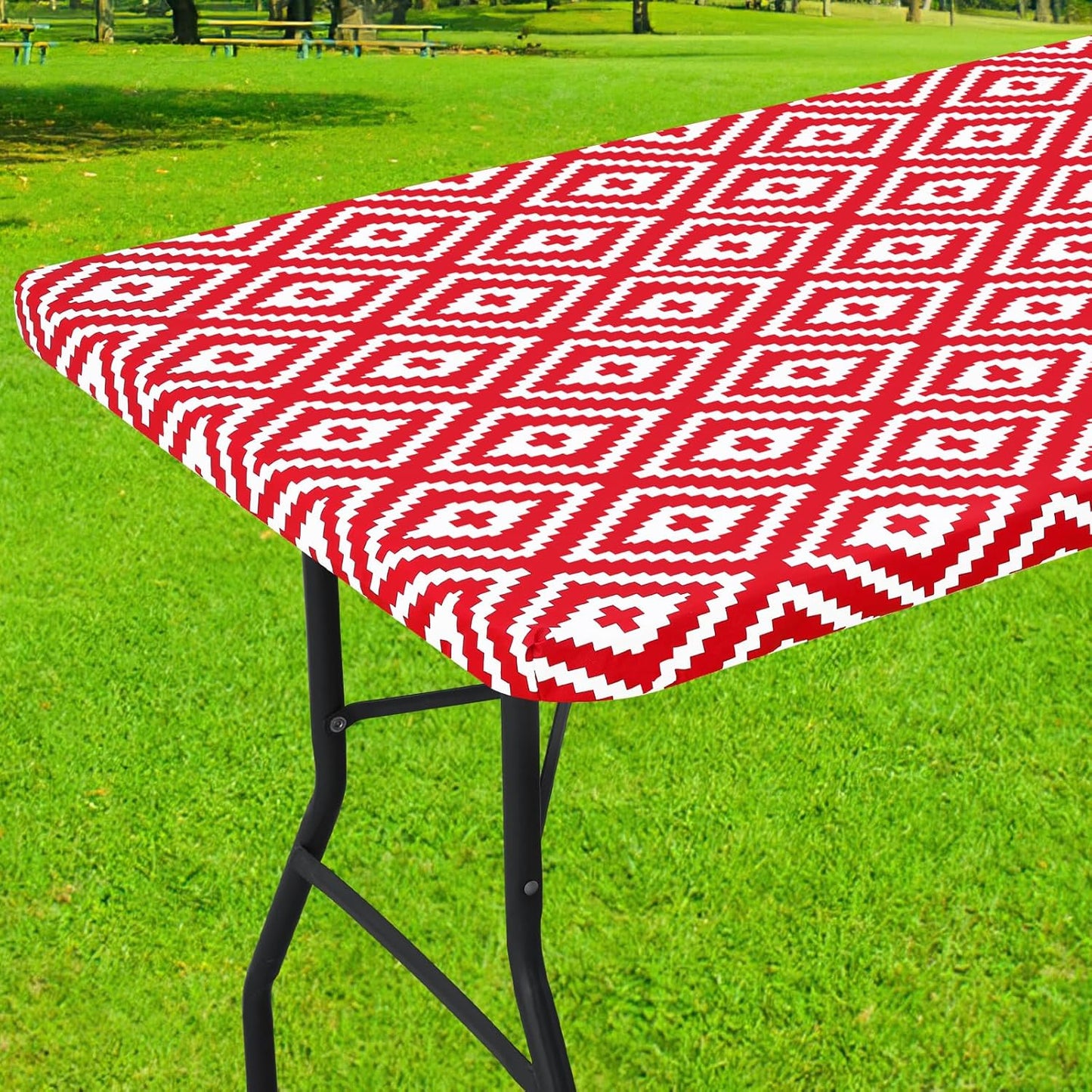 smiry Rectangle Picnic Table Cloth, Waterproof Elastic Fitted Outdoor Tablecloths for 4 Foot Tables, Red