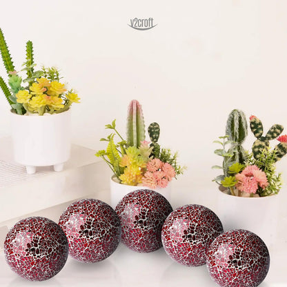 3 Inch Decorative Orbs Glass Balls Set of 5, Mosaic Sphere Globe for Whole Housewares, Wedding, Birthday, Bowls, Vases Dining Table Centerpieces (Red)