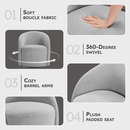 Lexicon 360 Degree Swivel Accent Chair, Boucle Fabric Arm Chair with Metal Swivel Base and Sloped Arms for Living Room/Bedroom/Office, Light Gray