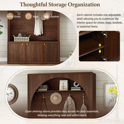 roomfitters Modern Arched Entryway Hall Tree with 3 Storage Cabinets, Upper Shelf and Coat Hooks for Mudroom, Walnut