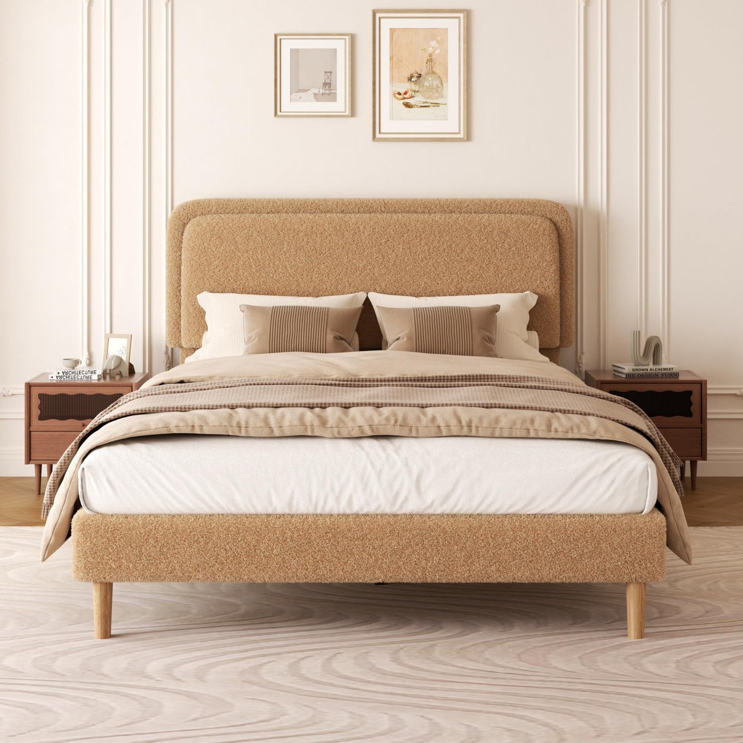 viplov Full Size Boucle Upholstered Platform Bed Frame with Adjustable Headboard, Soft Cloud Bed, No Box Spring Needed, Easy Assembly, Noise Free, Bworn