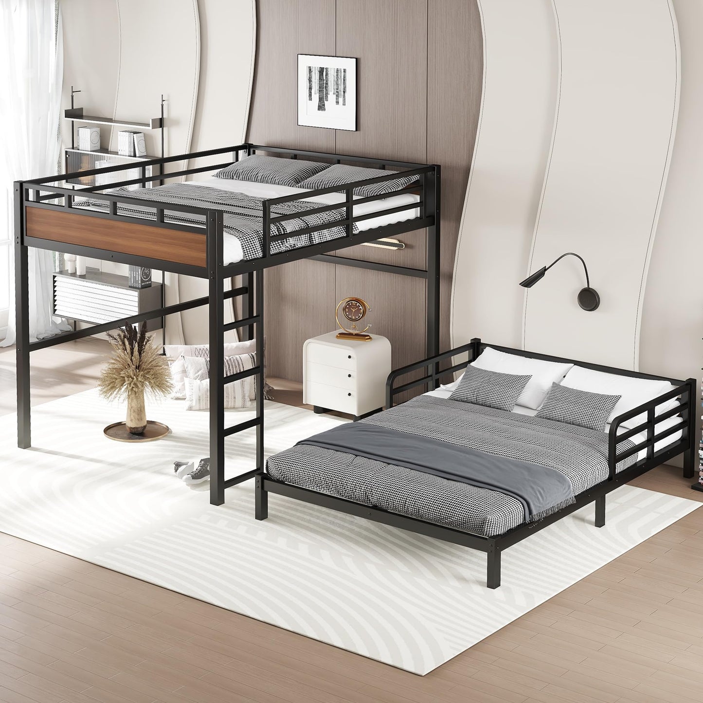Bellemave Queen Over Queen Bunk Bed, Separable Bunk Beds for Kids & Adults, Converts to Loft Bed and Platform Bed, Heavy Duty Metal Bunkbed with Guardrails, No Box Spring Needed, Walnut