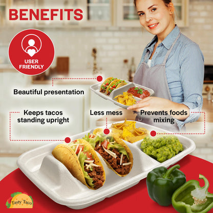 White Disposable Taco Plates for 2 Tacos & 2 Sides – 25 PACK | Premium Paper Plates with Dividers, Fiesta Taco Holder, Taco Stand for Taco Tuesday & Taco Bar Serving Set Taco Plates (25 Plates)