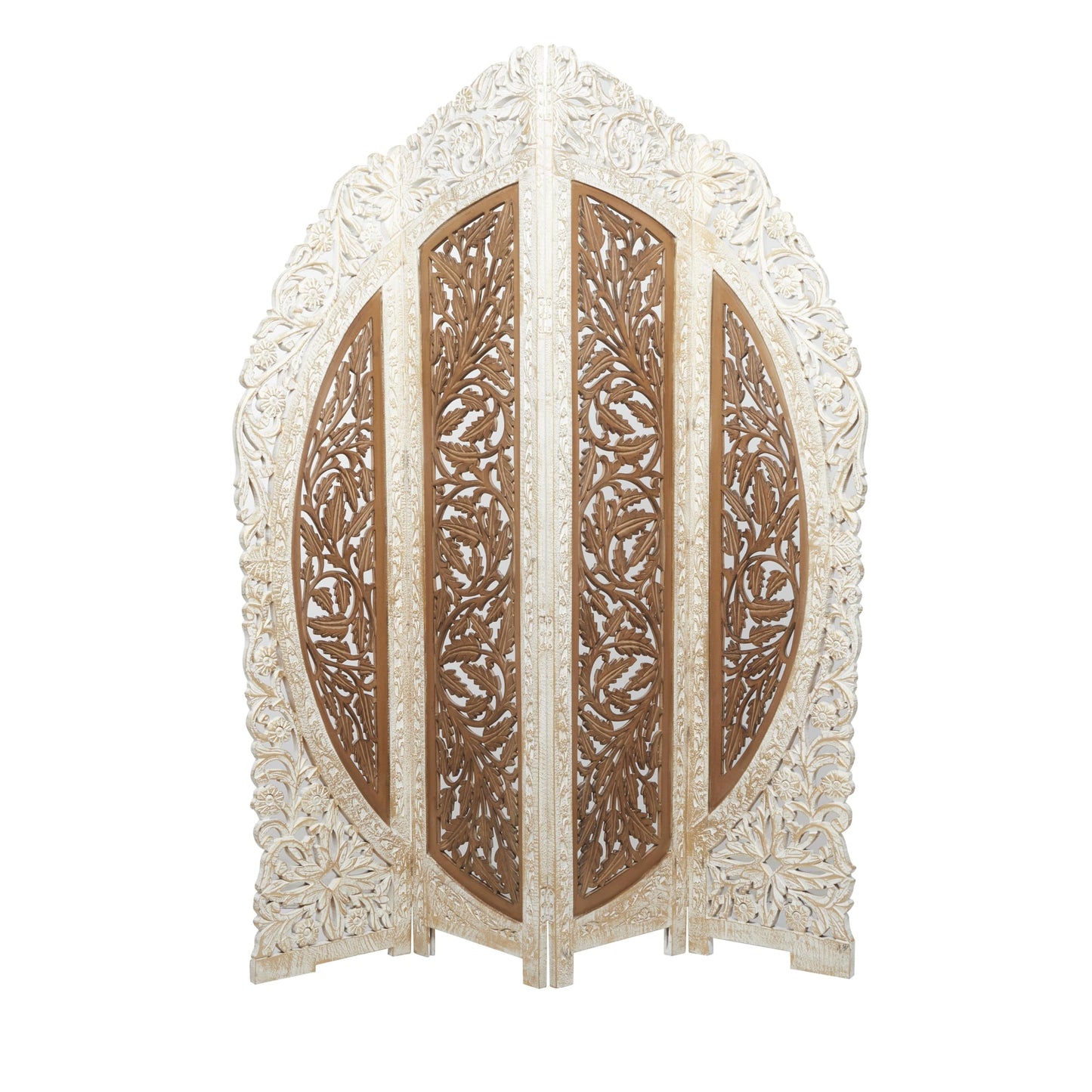 Deco 79 Mango Wood Floral Handmade Partition Room Divider Screen Foldable Arched Partition 4 Panel Privacy Screen with Intricately Carved Designs, Room Partition 62" x 1" x 72", Brown