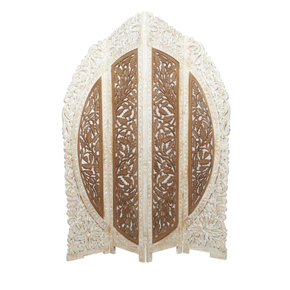 Deco 79 Mango Wood Floral Handmade Partition Room Divider Screen Foldable Arched Partition 4 Panel Privacy Screen with Intricately Carved Designs, Room Partition 62" x 1" x 72", Brown