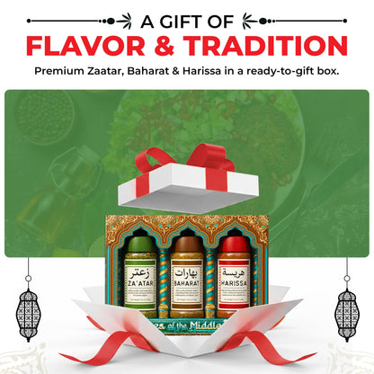Spices of the Middle East – Zaatar, Baharat, Harissa – Arabic Seasonings in Decorative Box – Father’s Day Gift, Christmas, Mother’s, Premium Ingredients