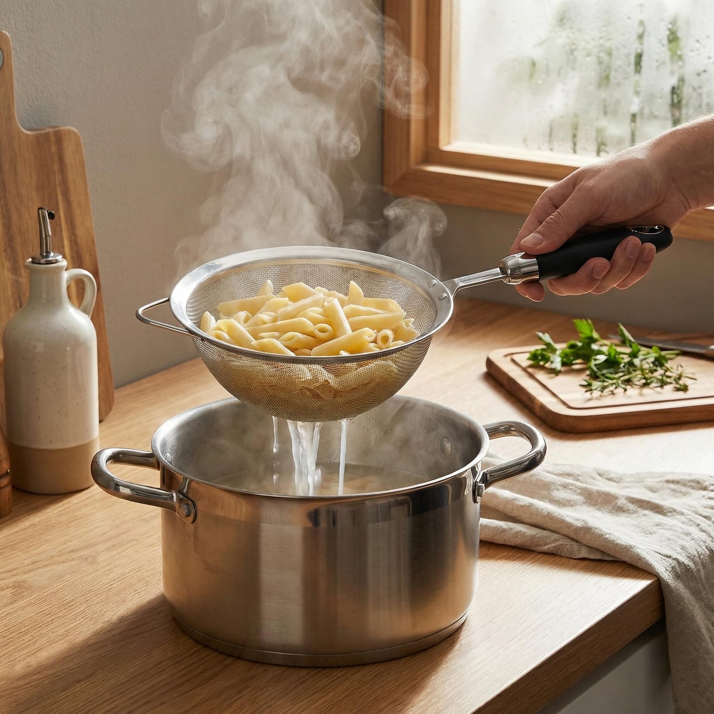 Stainless Steel Fine Mesh Strainer Set (3 Sizes 12/14/18cm, 40 Mesh) – 304 Food Grade, For Pasta, Rice, Flour & Tea – Reinforced Handle, Hook Rest, Heat-Safe Grip, Dishwasher Safe