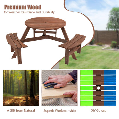 BIFULDYO 6-Person Round Outdoor Table and Chairs for Patio, Backyard, Wooden Garden Picnic Table with 3 Benches, 1720 Lb Capacity (Brown)