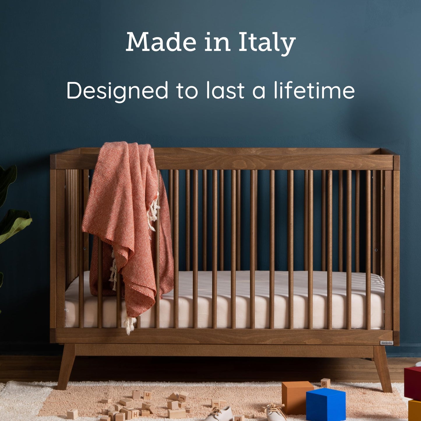 dadada Baby Soho 3-in-1 Convertible Wooden Crib to Toddler Bed - Made in Italy, GREENGUARD Gold Certified, Baby-Safe Finish, Handcrafted Beechwood, Modern Design, 3 Adjustable Heights (Walnut)