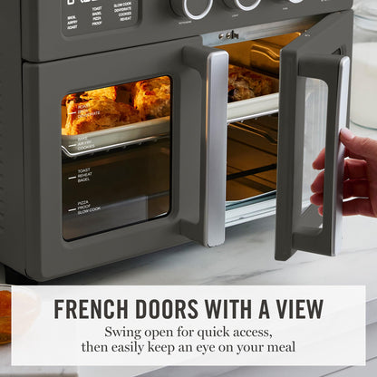 Martha Stewart French Door Air Fryer Toaster Oven Combo, 34QT Countertop Convection, 12-in-1, Bake, Broil, Roast, Fits 12” Pizza, Dehydrate, 5 Accessories, Air Fry Basket, Stainless Steel, Caviar Gray