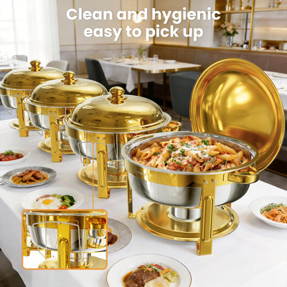 WARMOUNTS 6.5QT Gold Chafing Dishes for Buffet 6 Pack, Stainless Steel Round Chafers and Buffet Warmers Sets with Lid Holder, Rolled Rim Process, Stackable Design, for Catering, Parties, Weddings