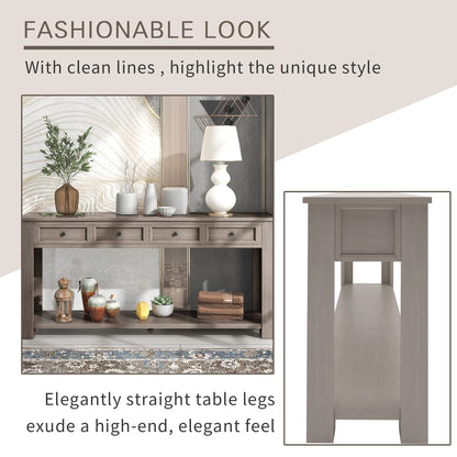 Brisca Solid Wood Console Sofa Table with 4 Drawers and Tabletop,Bottom Shelf for Entryway Hallway or Living Room,Space Saving,Easy to Assemble,Gray Wash,63" L×14" W×30" H