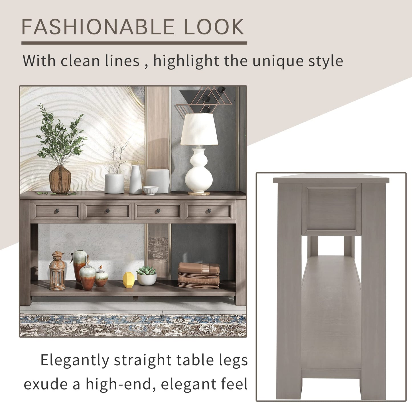 KTATK Solid Wood Console Sofa Table with 4 Drawers and Tabletop,Bottom Shelf for Entryway Hallway or Living Room,Space Saving,Easy to Assemble,Gray Wash,63" L×14" W×30" H