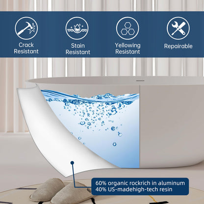 MEDUNJESS 61'' Resin Stone Soaking Bathtub Oval Solid Surface Freestanding Soaking Bathtubs Matte White Soaking Tub with Overflow and Pop up Drain - White