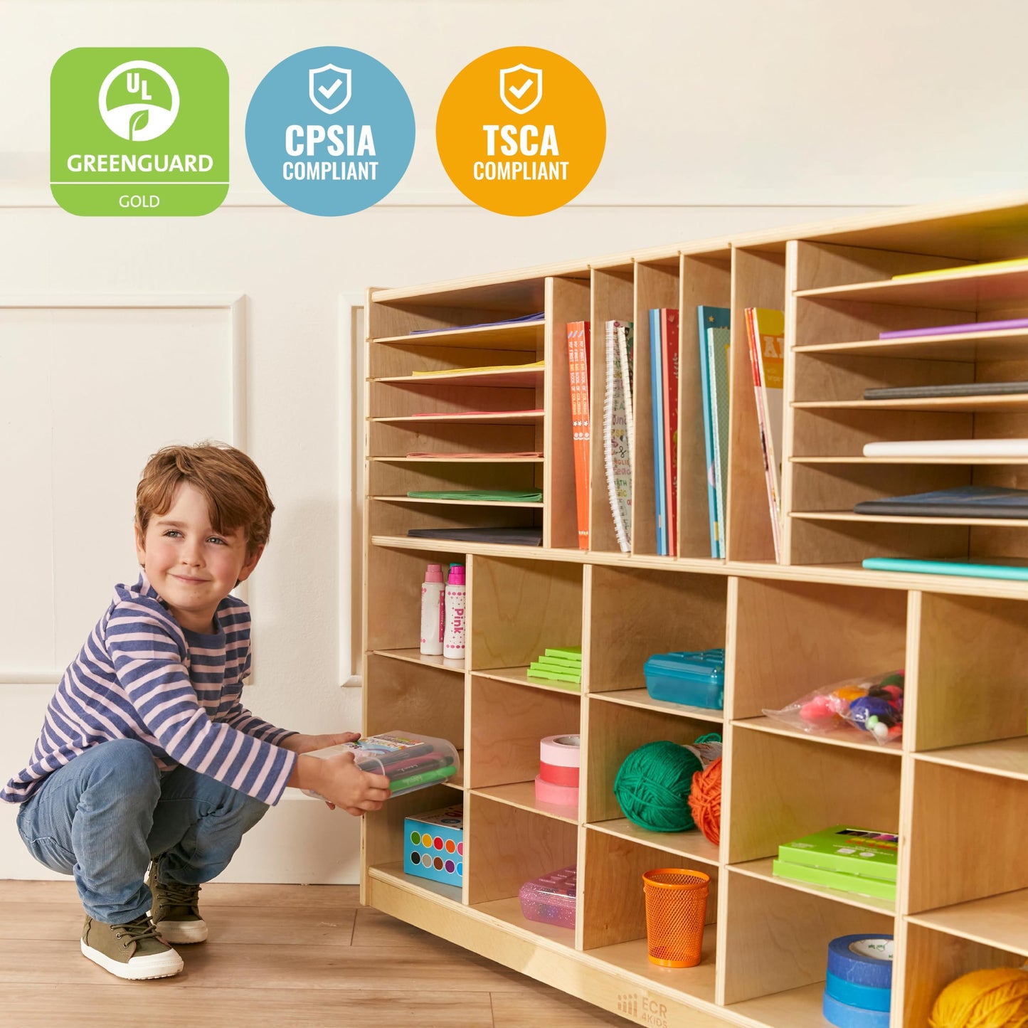 ECR4Kids Multi-Section Mobile Cabinet with Scoop Front Storage Bins, Classroom Furniture, Assorted, 16-Piece
