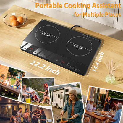 JollyOne Double Burner Induction Cooktop, 1800W Portable Induction Cooktop 2 Burner with 9 Temp & Power Independent Touch Control, Electric Stove Top Cooker with Safety Lock, 3 Hour Timer