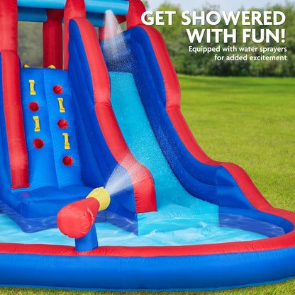 Sunny & Fun Double Dip Inflatable Water Slide Park – Heavy-Duty for Outdoor Fun - Climbing Wall, 2 Slides & Splash Pool – Easy to Set Up & Inflate with Included Air Pump & Carrying Case