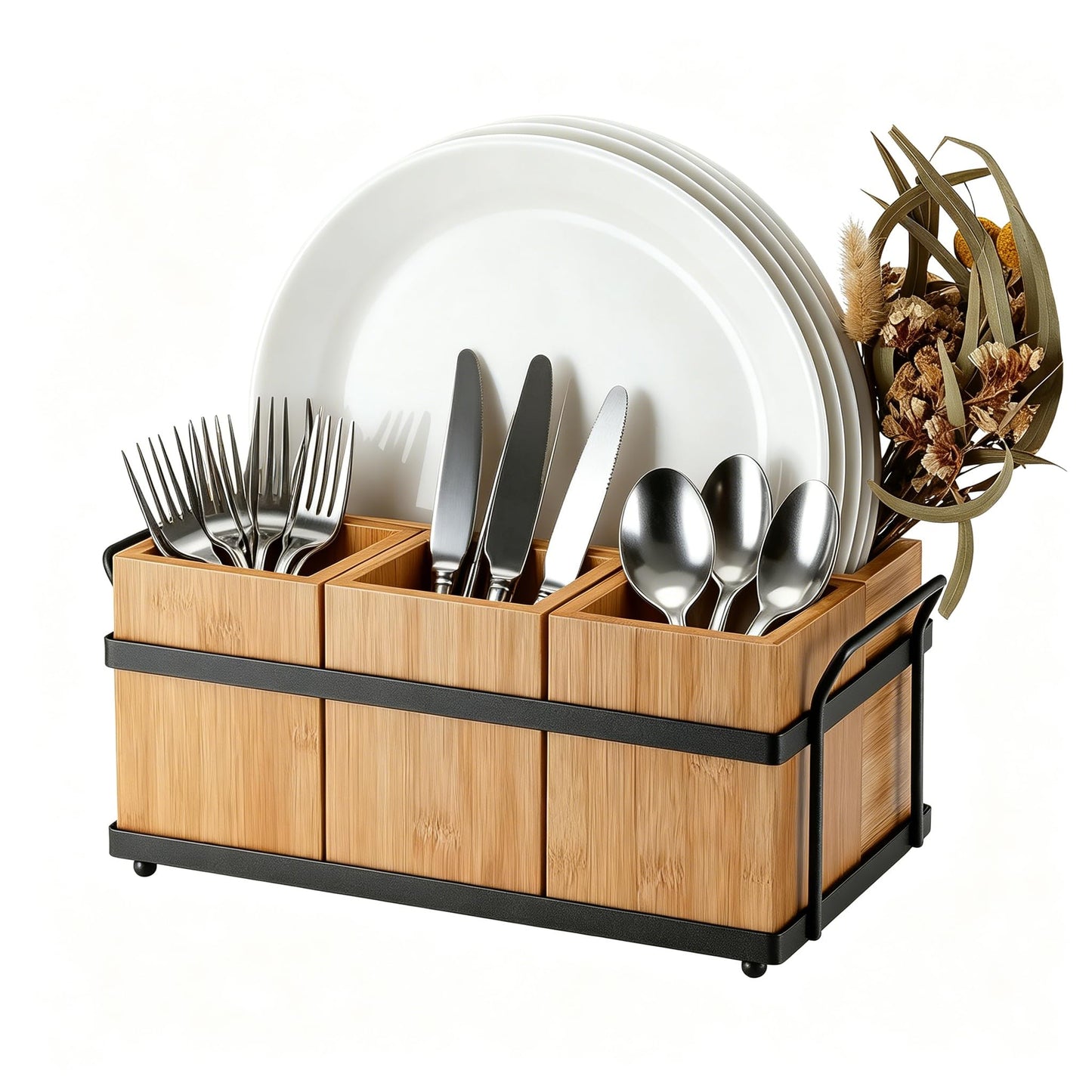 Silverware Caddy Wood Utensil Holder 4-in-1 Bamboo Utensil Caddy with Removable Divider Portable Kitchen & Dining Organizer for Forks, Napkins, Plates, BBQ, Picnic, Camping Countertop Organizing