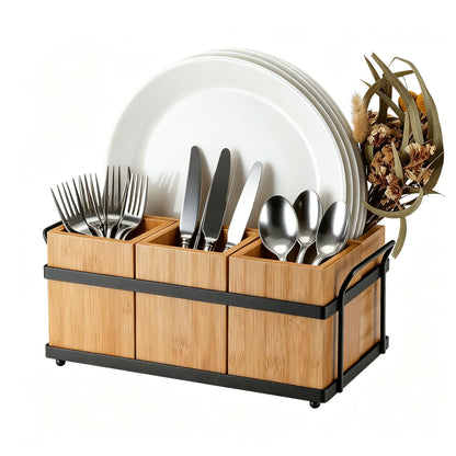 Silverware Caddy Wood Utensil Holder 4-in-1 Bamboo Utensil Caddy with Removable Divider Portable Kitchen & Dining Organizer for Forks, Napkins, Plates, BBQ, Picnic, Camping Countertop Organizing