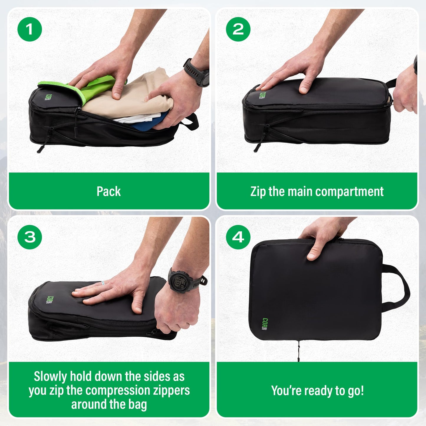 COR Surf Carry On Travel Backpack Bundle | Island Hopper Travel Backpack with Toiletry Bag and Compression Packing Cube Set (34L 2.0, Black with Green Zipper)