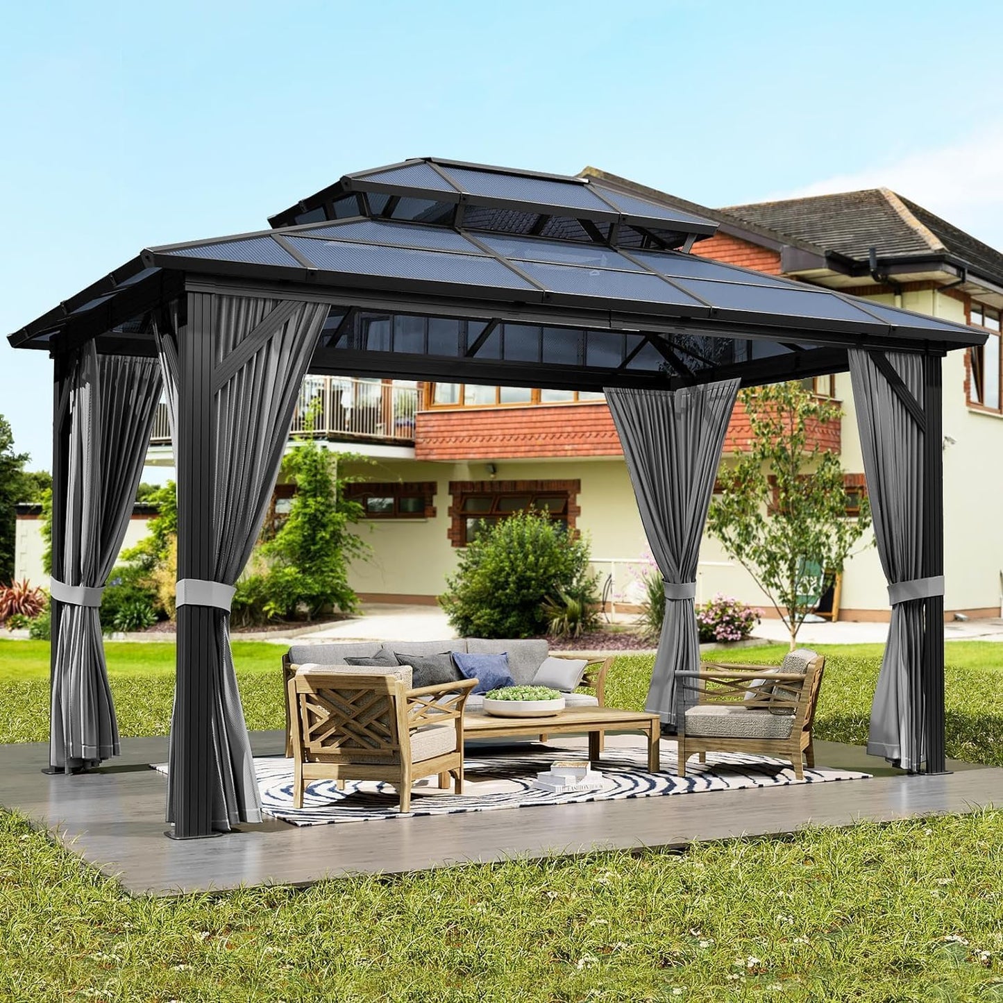 Hardtop Gazebo 10'x12' Double-Layer Polycarbonate Double Roof, Aluminum Frame Pavilion with Privacy Curtains and Netting All-Season for Patio, Garden, Hot Tub & Backyard