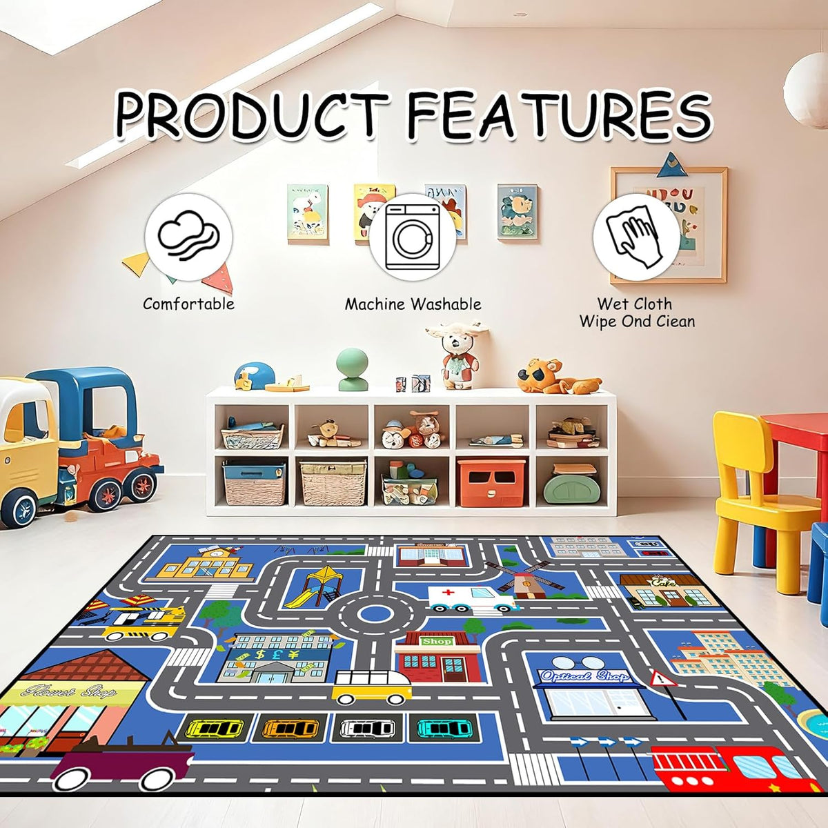 2'5''4' Car Track Rug Blue Road Rug for Kids, Car Traffic Road Play Mat for Kids Room Bedroom Decor City Carpet