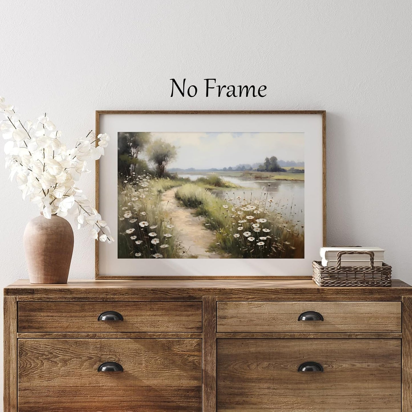 Wildflower Field Landscape Picture, Vintage Canvas River Painting, Country Scene Artwork, 16x24inch No Frame