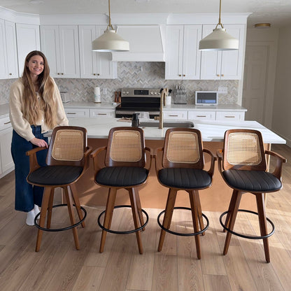 WUPOTO Bar Stools Set of 2, 29.7" Bar Height 360° Swivel Stools with Ergonomic Rattan Back, Faux Leather Seat, Bamboo Legs with Walnut Finish, Mid-Century Style (Green)