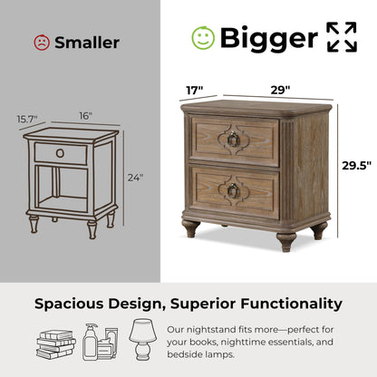 Furniture of America Weile Art Deco Solid Wood 29-inch Nightstand, Bedside Table with USB Ports, Antique Handles and Turn Legs, Wooden Night Stand for Bedroom, Guest Room, Dorm, Rustic Oak