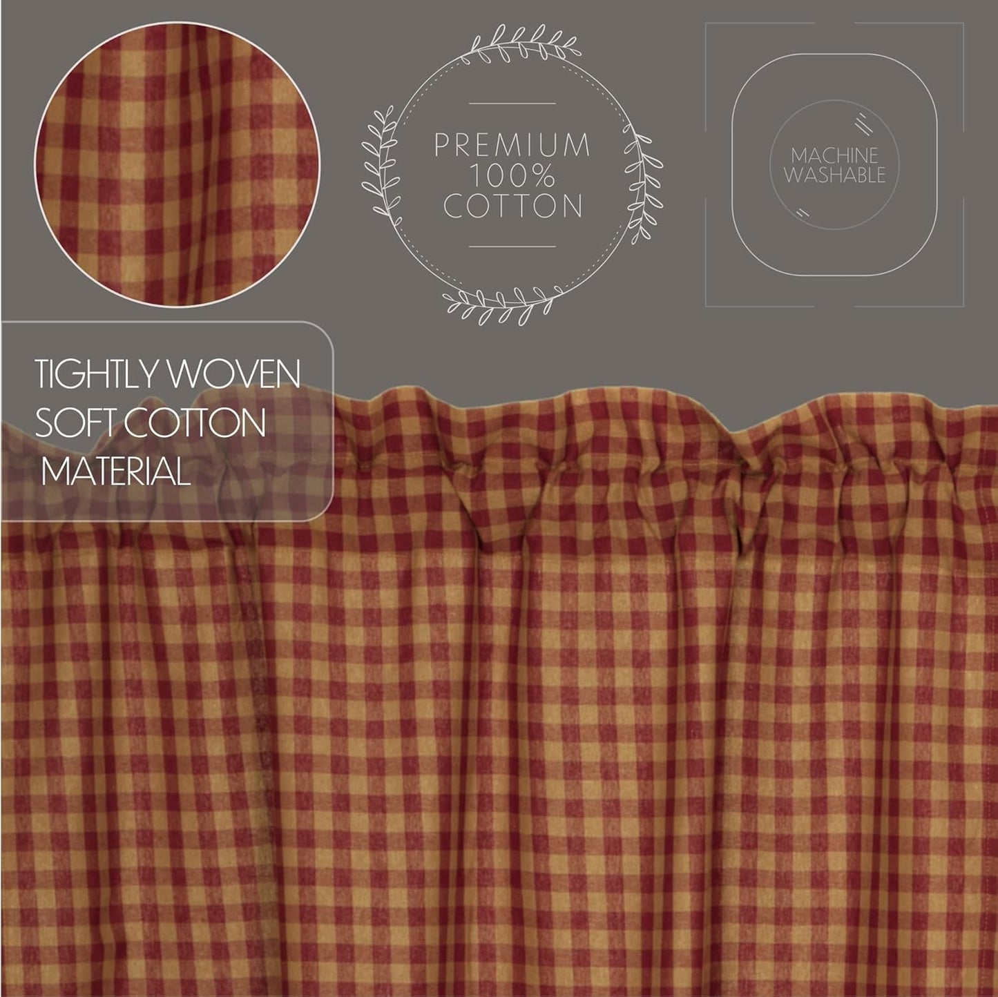 VHC Brands Burgundy Red Check Cotton Primitive Kitchen Curtains Rod Pocket 16x60 Valance