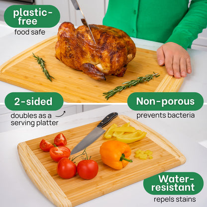FSC® Certified Organic Extra Large Bamboo Cutting Board – 18 x 12.5 Inch – Reversible Wood Non Toxic Cutting Boards for Kitchen Prep, Meat, Charcuterie & Serving, Lifetime Replacments