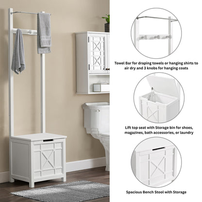 Derby Laundry Hamper with Seat & Towel Rack – Storage Stool for Entryway, Laundry Room, or Bathroom by Alaterre Furniture (White)