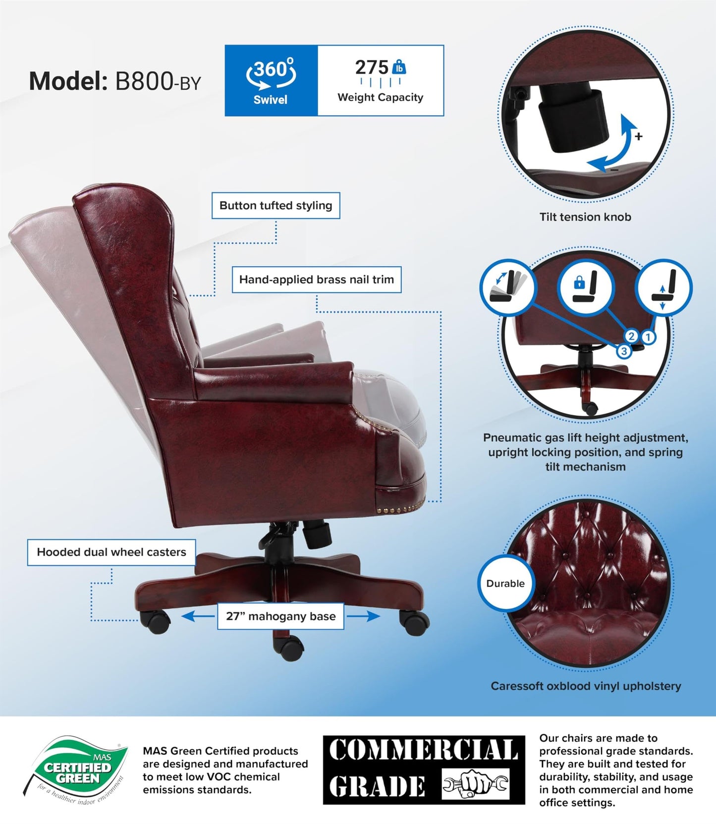 Scranton & Co Traditional Faux Leather Executive Chair, 30" W x 32" D x 41-44" H, Oxblood Red Finish, Tufted Wingback Design, Mahogany Wood Accents, Adjustable Height, Office Desk Chair