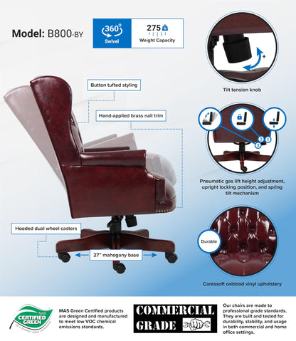 Scranton & Co Traditional Faux Leather Executive Chair, 30" W x 32" D x 41-44" H, Oxblood Red Finish, Tufted Wingback Design, Mahogany Wood Accents, Adjustable Height, Office Desk Chair