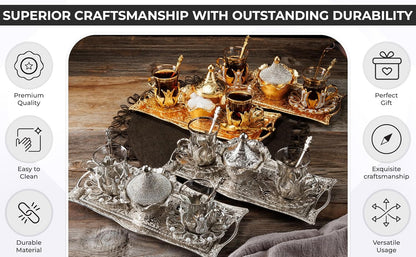 DEMMEX Set 2 2 3.3 oz 12" 5" Turkish Tea and Coffee Serving for Includes Glasses, Metal Glass Holders, Saucers, Spoons